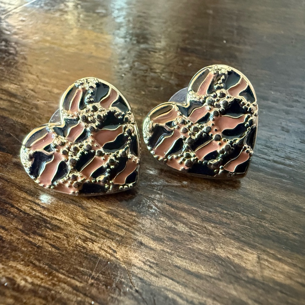 Betsey Johnson Gold and Black Leopard Heart Earrings